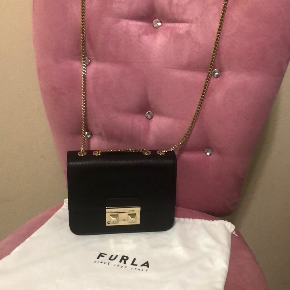 Furla Black and Gold Crossbody Bag with Chain Strap